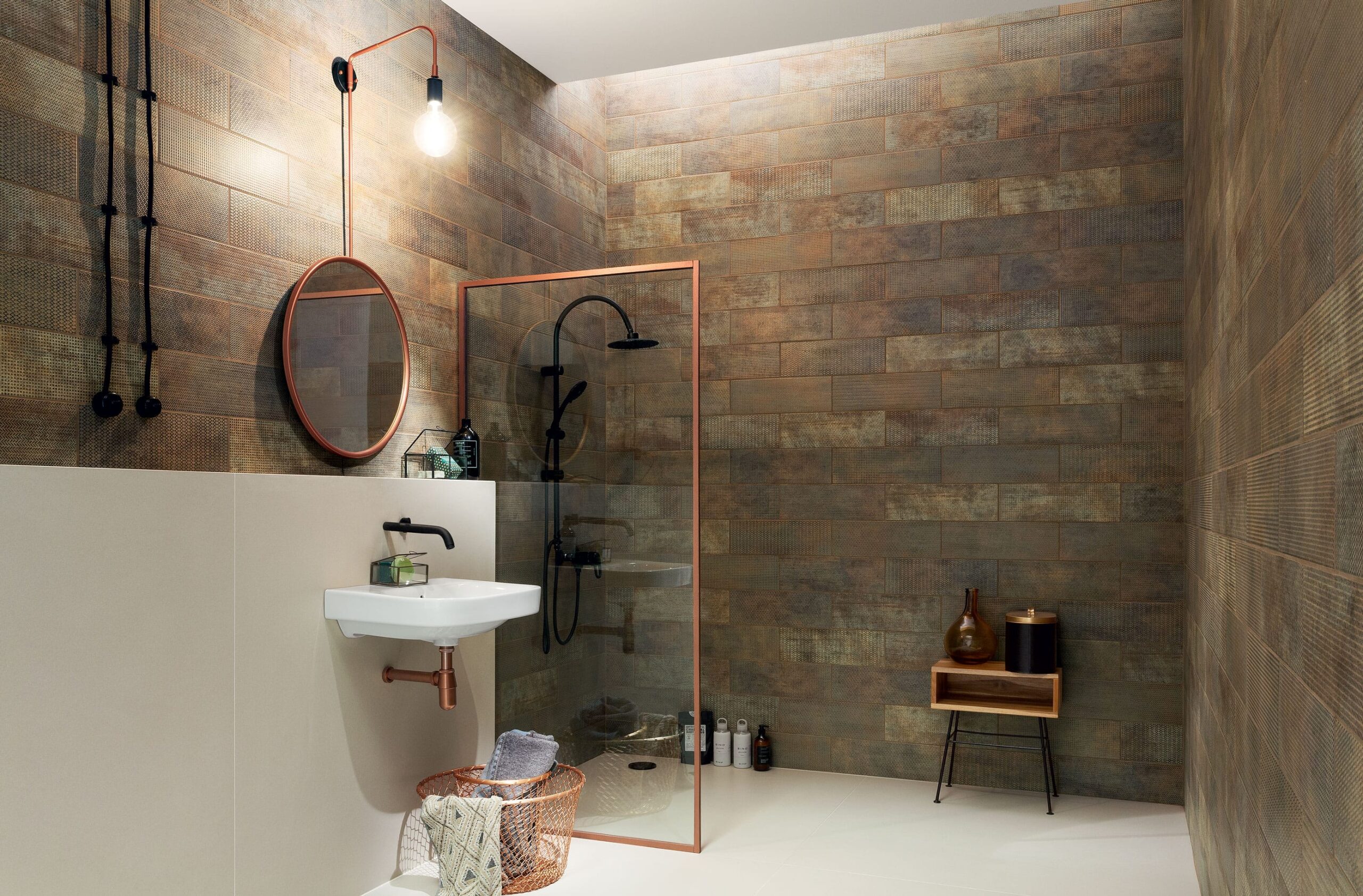 industrial-style bathroom with copper accessories